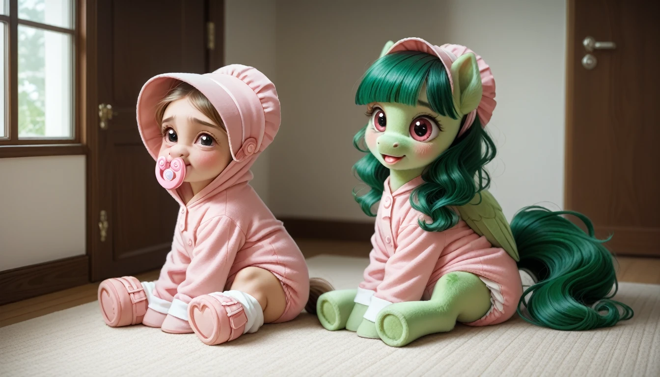pony, Pegasus, emerald green fur, a lush mane of green, gathered into an adult size light pink bonnet, green bushy tail, adult mare, sitting in the room on a soft play mat, wearing a pink adult-sized onesie and pink booties, pink pacifier in mouth, solo, thick light pink diaper under clothes, pink blush on cheeks, Embarrassment, Awkwardness.
