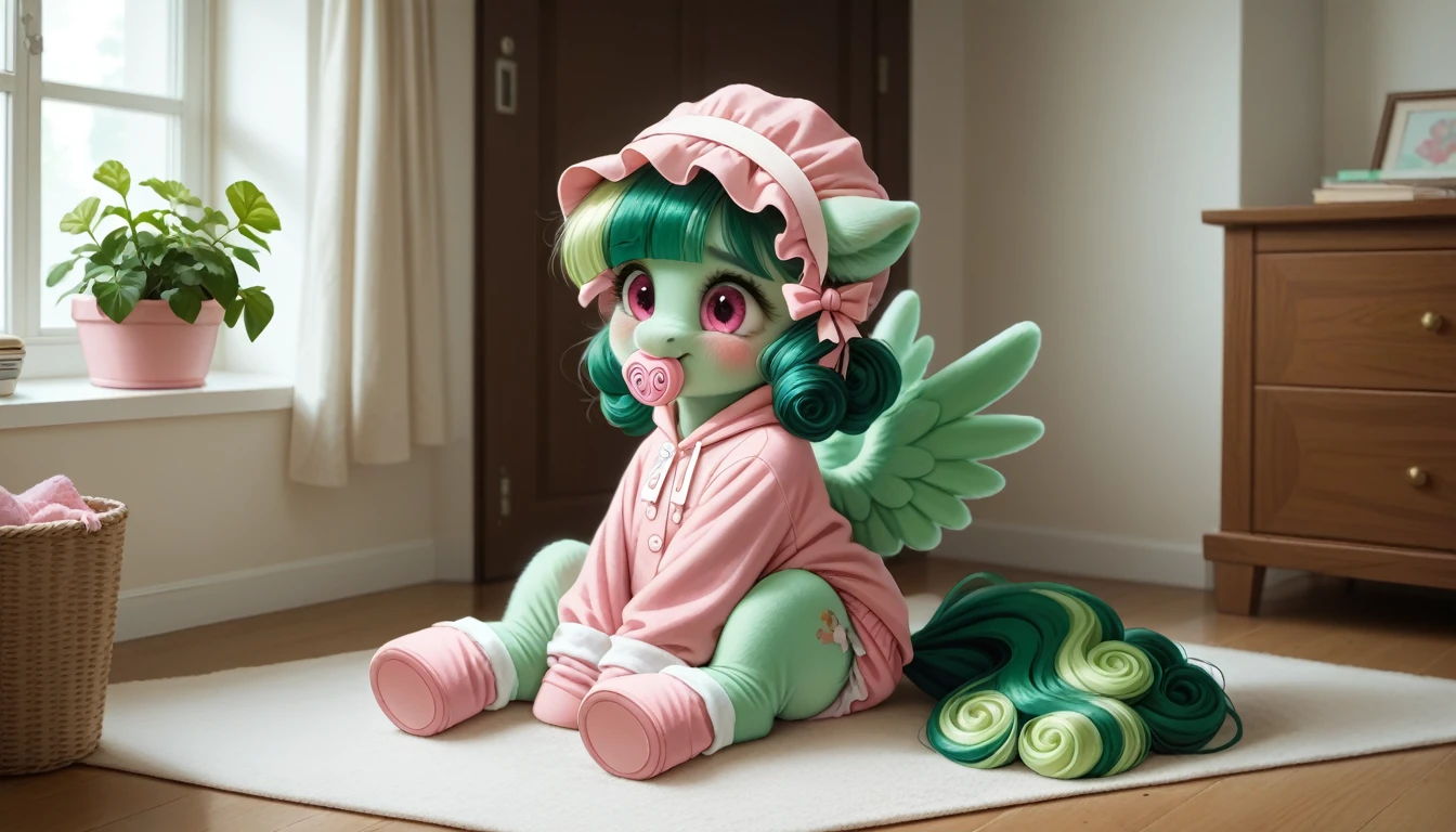 pony, Pegasus, emerald green fur, a lush mane of green, gathered into an adult size light pink bonnet, green bushy tail, adult mare, sitting in the room on a soft play mat, wearing a pink adult-sized onesie and pink booties, pink pacifier in mouth, solo, thick light pink diaper under clothes, pink blush on cheeks, Embarrassment, Awkwardness.