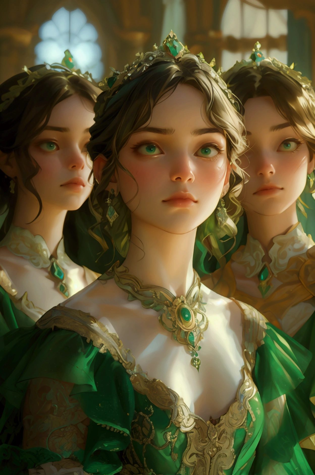 a group of people announcement, waiting for announcement , green dresses, full body character,