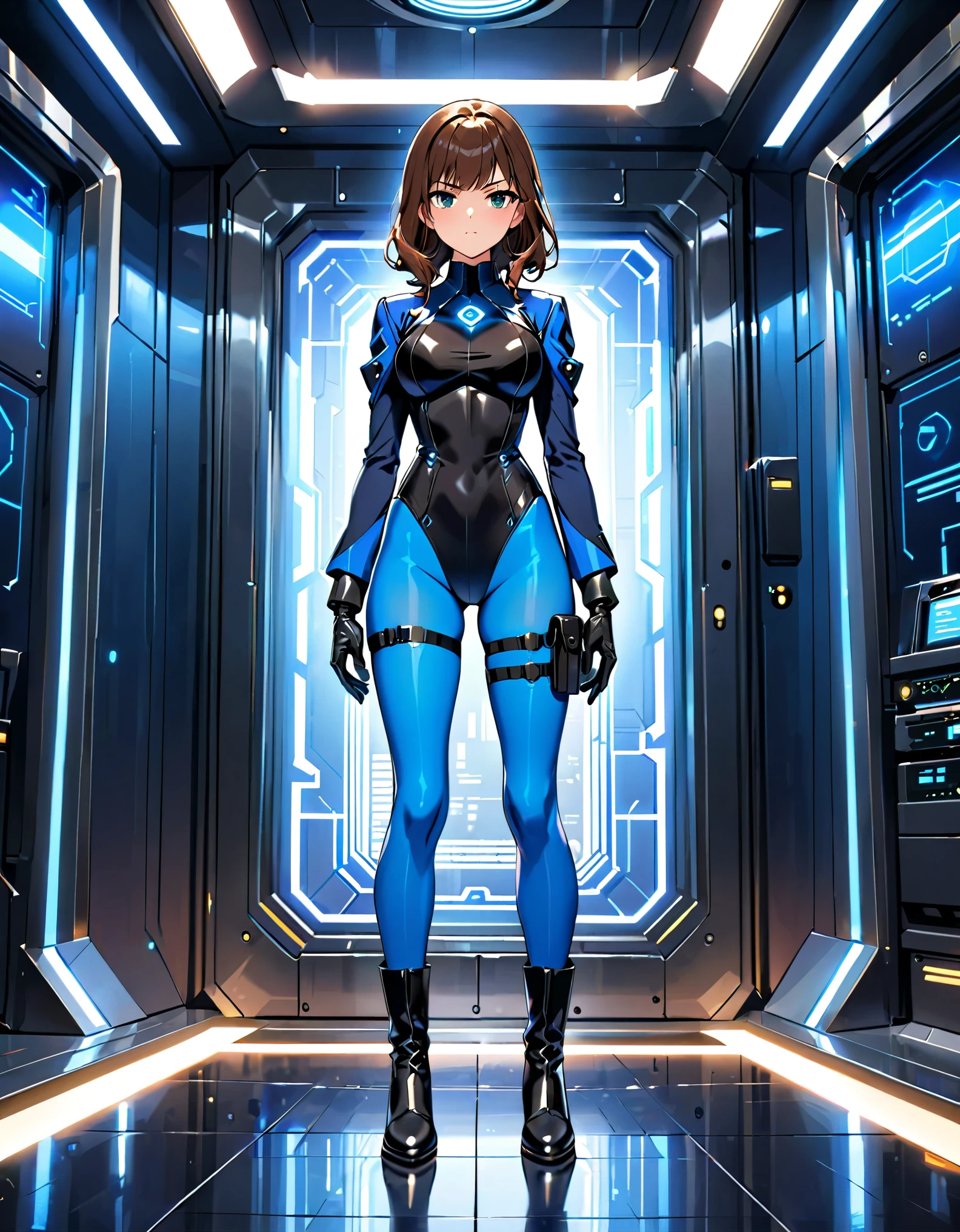 masterpiece, highly detailed, best quality, high quality, 1girl, brown hair, hazel eyes, (solo, solo focus), beautiful detailed eyes, beautiful detailed face, (perfect hands, complete fingers), perfect anatomy, perfect proportions, detailed shadows, detailed light, ((black leotard, blue long sleeves, perfect fit, black gloves)), ((thigh holster, thigh strap)), ((full blue pantyhose)), ((black boots, ankle boots, matching boots)), full body, serious expression, full body costume design. hi-tech spy building, indoors. Soft lighting.