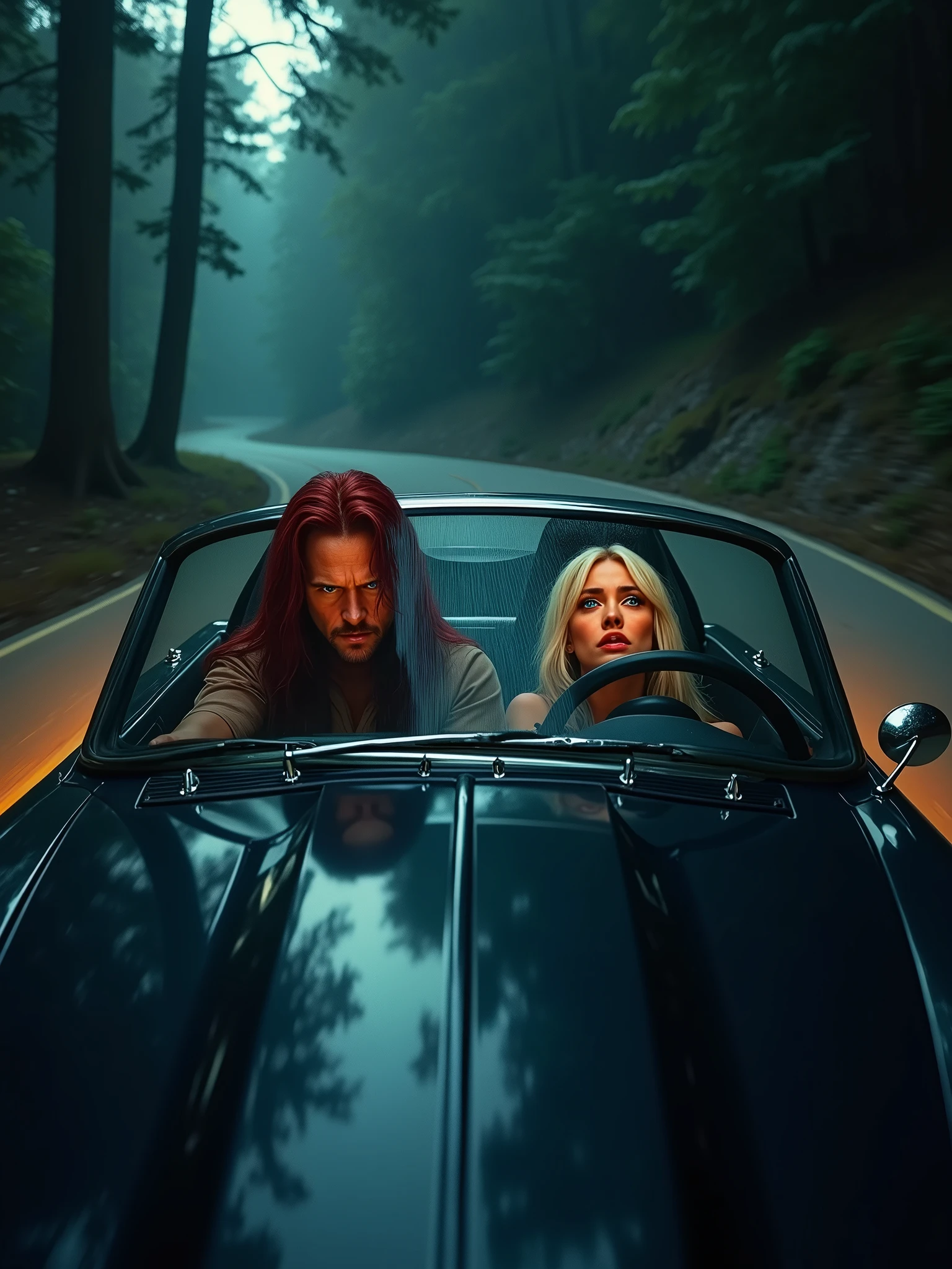 A dramatic cinematic scene of a man with long red hair and blue eyes driving a sleek black car down a narrow forest road. The car is moving quickly, with the road curving downhill. In the passenger seat, a woman with white-blonde hair and dark roots is crying, her face illuminated by the soft glow of the dashboard. The atmosphere is tense and emotional, with the forest providing a dark and eerie backdrop., cinematic