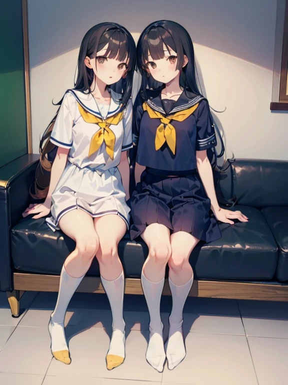 kaju nukumizu, long hair, black hair, blunt bangs, brown eyes, school uniform, serafuku, short sleeves, white shirt, yellow neckerchief, white dress, yellow socks, brown footwear, pajamas, collarbone, blue shirt, short sleeves, blue pants, long pants