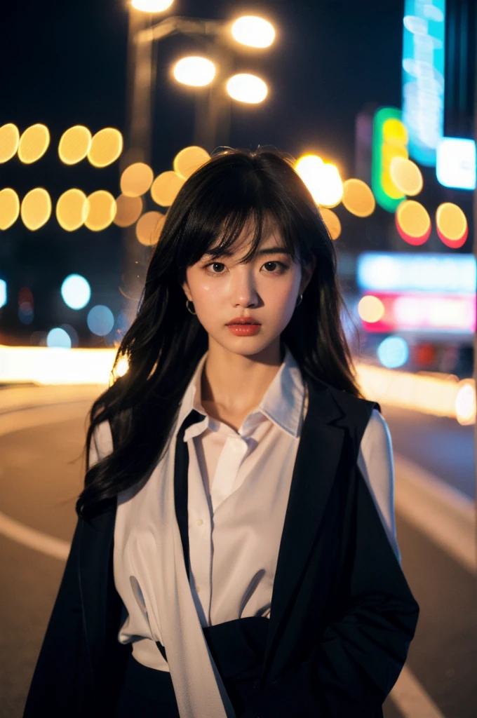 (Cinematic Aesthetic:1.4) Photo of a beautiful korean fashion model bokeh city night