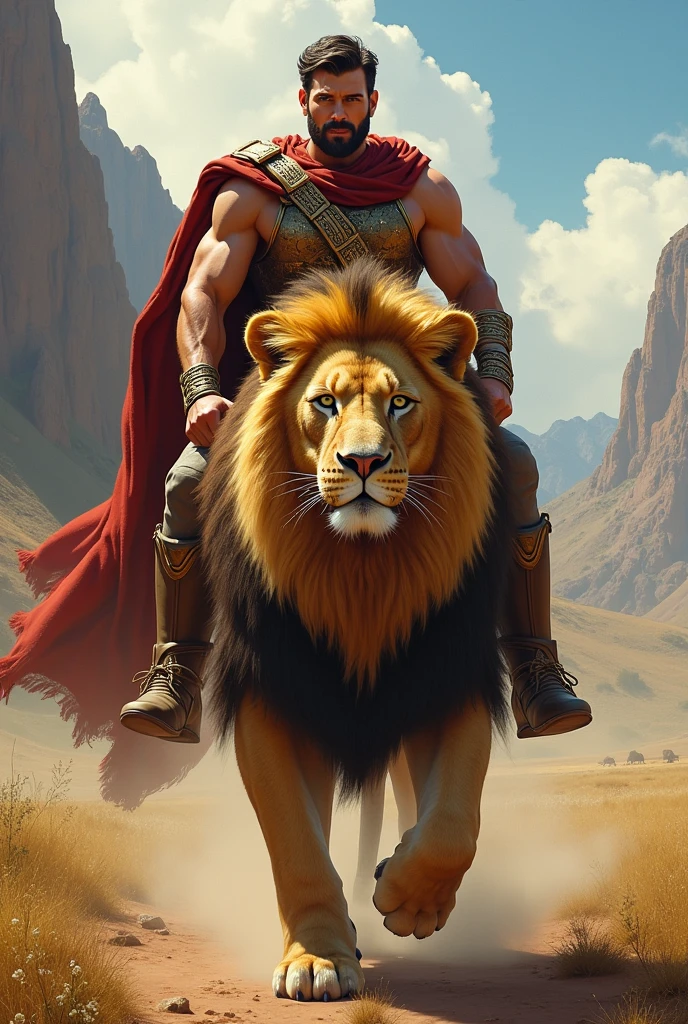 A man on top of a lion 