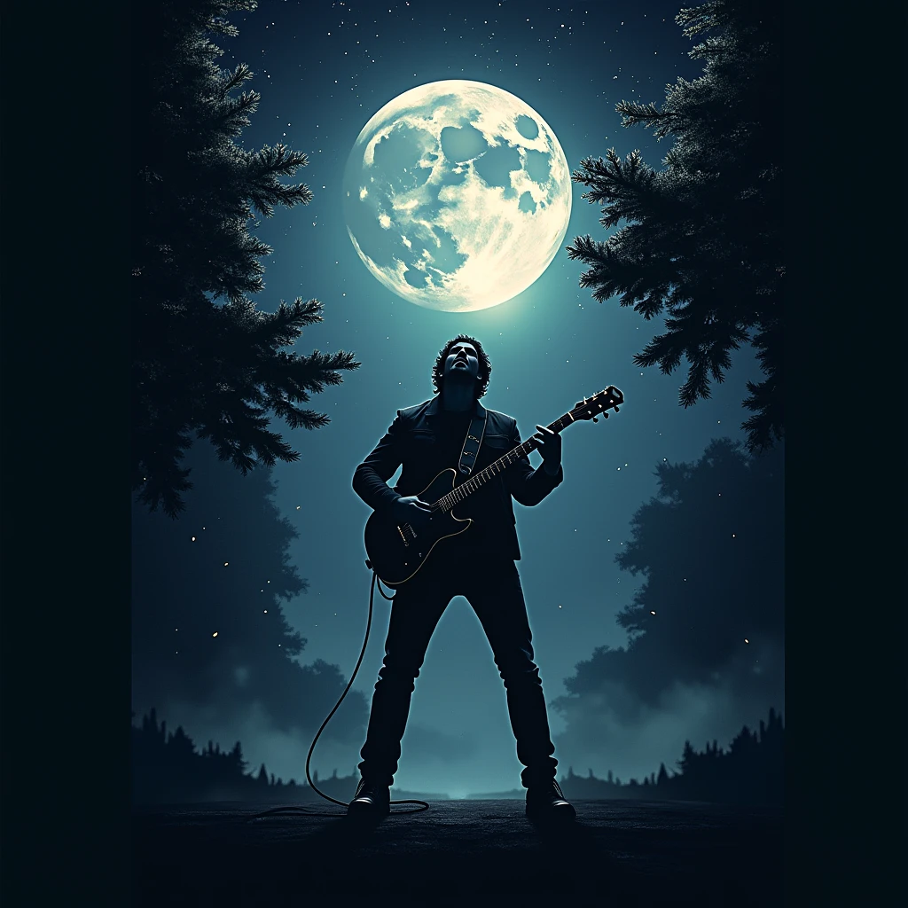 The bold, brutal font "BudaeFF" is displayed prominently at the top of the poster.Dark night sky with bright moon and stars, under which a man sings with a guitar. Men with a dark theme. Bright sparkling effects for men, Trees & Sky.