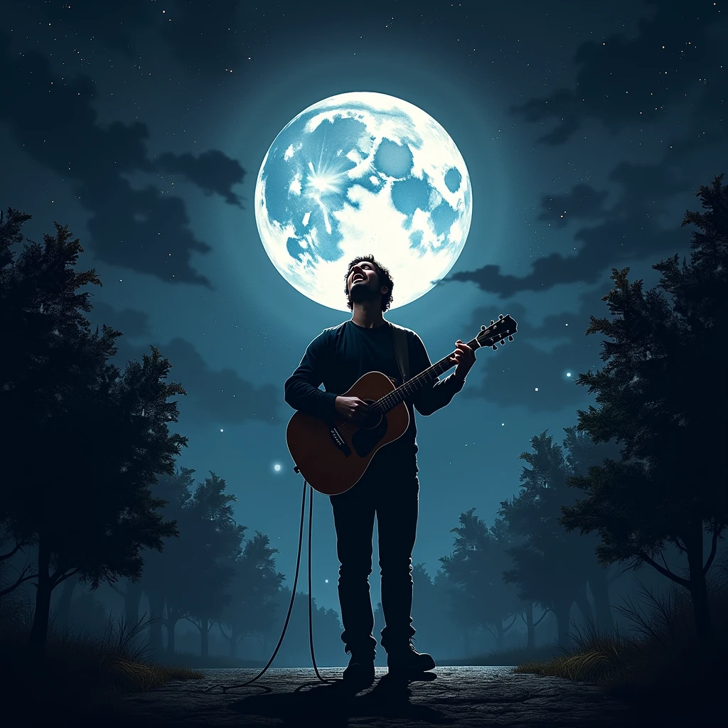 The bold, brutal font "BudaeFF" is displayed prominently at the top of the poster.Dark night sky with bright moon and stars, under which a man sings with a guitar. Men with a dark theme. Bright sparkling effects for men, Trees & Sky.