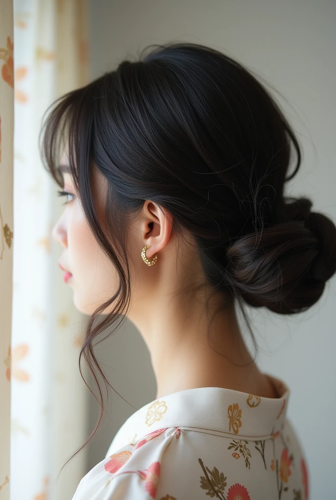 A hairstyle seen from the side with a beautiful back、Medium、Fluffy back of head、Tightening around the neck、Airy feeling、Japanese、Strong waist、Hairy、Soft texture