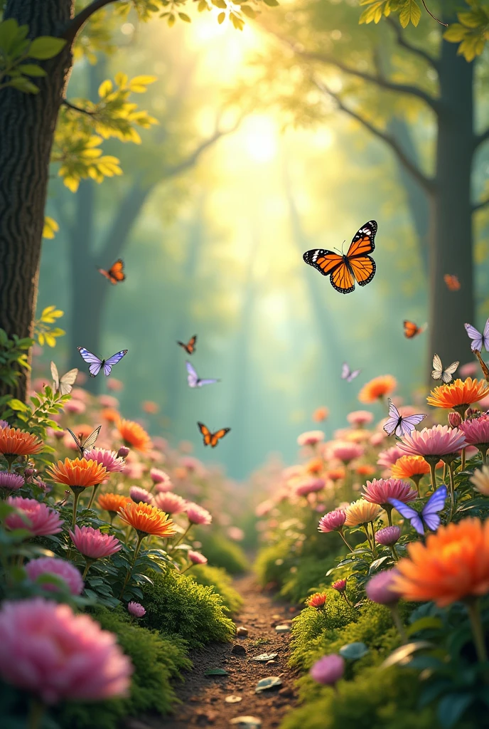 image that looks like forest vibe,has colourful flowers and butterflies and added more make look beautiful you like,make me peaceful when i see the image and make it looks like reality