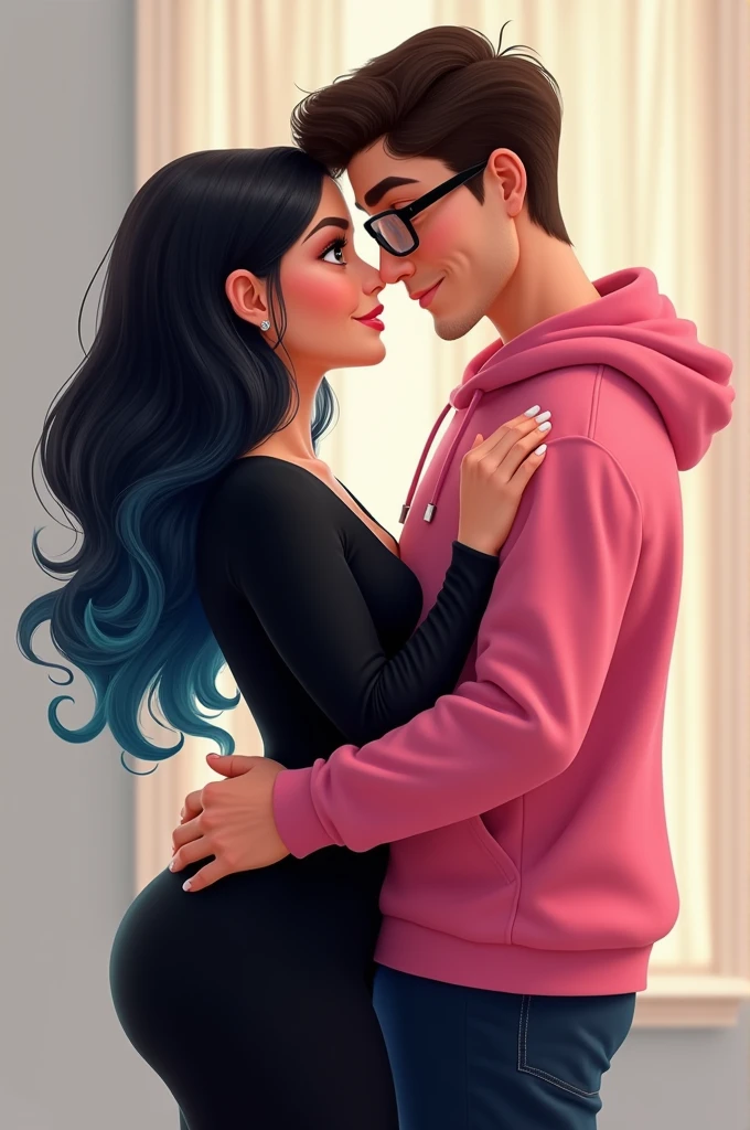 Couple of boyfriends she curvy body big cheeks, big butt, long black hair with blue, big brown eyes with fair skin and dressed in black, he has straight hair styled up and small rectangular glasses and a wide nose and wears a pink sweatshirt
