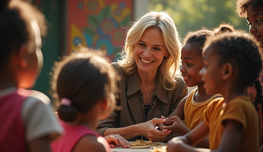 A scene showing J.K. Rowling involved in charity work, such as working with children or supporting causes, with a backdrop of the Lumos logo.