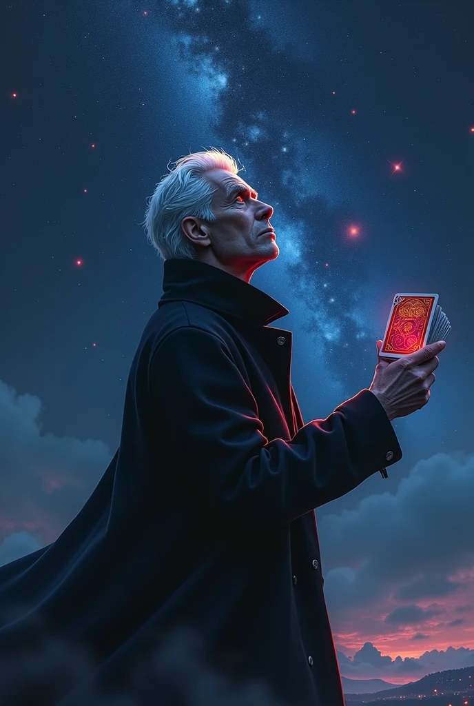 a man with white hair and red eyes wearing a black coat, gazing up at the starry night sky, playing with a deck of playing cards, anime style, intricate details, cinematic lighting, hyperrealistic, vibrant colors, dramatic shadows, (best quality,8k,highres,masterpiece:1.2),ultra-detailed,(realistic,photorealistic,photo-realistic:1.37),dramatic lighting,moody atmosphere,cinematic composition,chiaroscuro,muted color palette