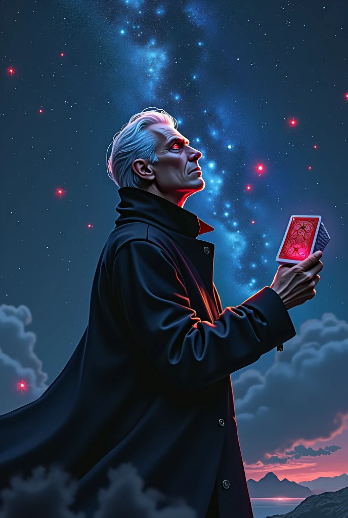 a man with white hair and red eyes wearing a black coat, gazing up at the starry night sky, playing with a deck of playing cards, anime style, intricate details, cinematic lighting, hyperrealistic, vibrant colors, dramatic shadows, (best quality,8k,highres,masterpiece:1.2),ultra-detailed,(realistic,photorealistic,photo-realistic:1.37),dramatic lighting,moody atmosphere,cinematic composition,chiaroscuro,muted color palette