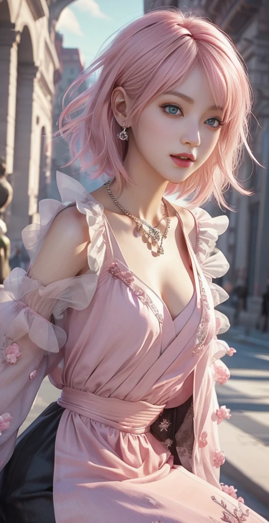 masterpiece, top-quality, ((1womanl)), Adults, different color, finely eye and detailed face, intricate detailes, Casual black and white attire((Sexy clothes)), window, A smile, Happiness, tenderness, high-level image quality、 selfee, Beautuful Women、tall、a small face, D-cups, The upper part of the body、nightfall, nighttime scene、𝓡𝓸𝓶𝓪𝓷𝓽𝓲𝓬、Korea person, Idol Photos, Model photo, k pop, Professional Photos, Vampires, Korean fashion in black and white, Fedoman with necklace, inspired by Sim Sa-jeong, androgynous vampire, :9 detailed face: 8, extra detailed face, detailed very long hair, ((eyes are brown)) baggy eyes, Seductive. Highly detailed, semi realistic anime, Vampires, hyperrealistic , Delicate androgynous princess, imvu, ((short hair woman)), Pink hair woman with wild look, Sexy look, ((Woman with short pink hair)), ((1 persons)), Sit down and sexy pose,