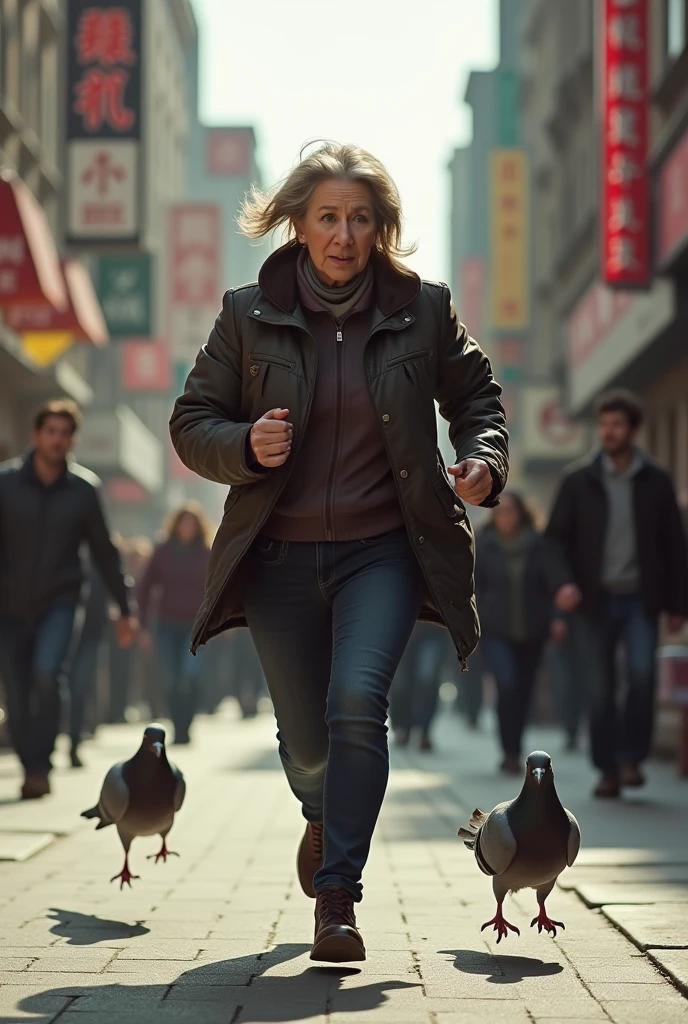 woman, 55 years old, being chased by a pigeon