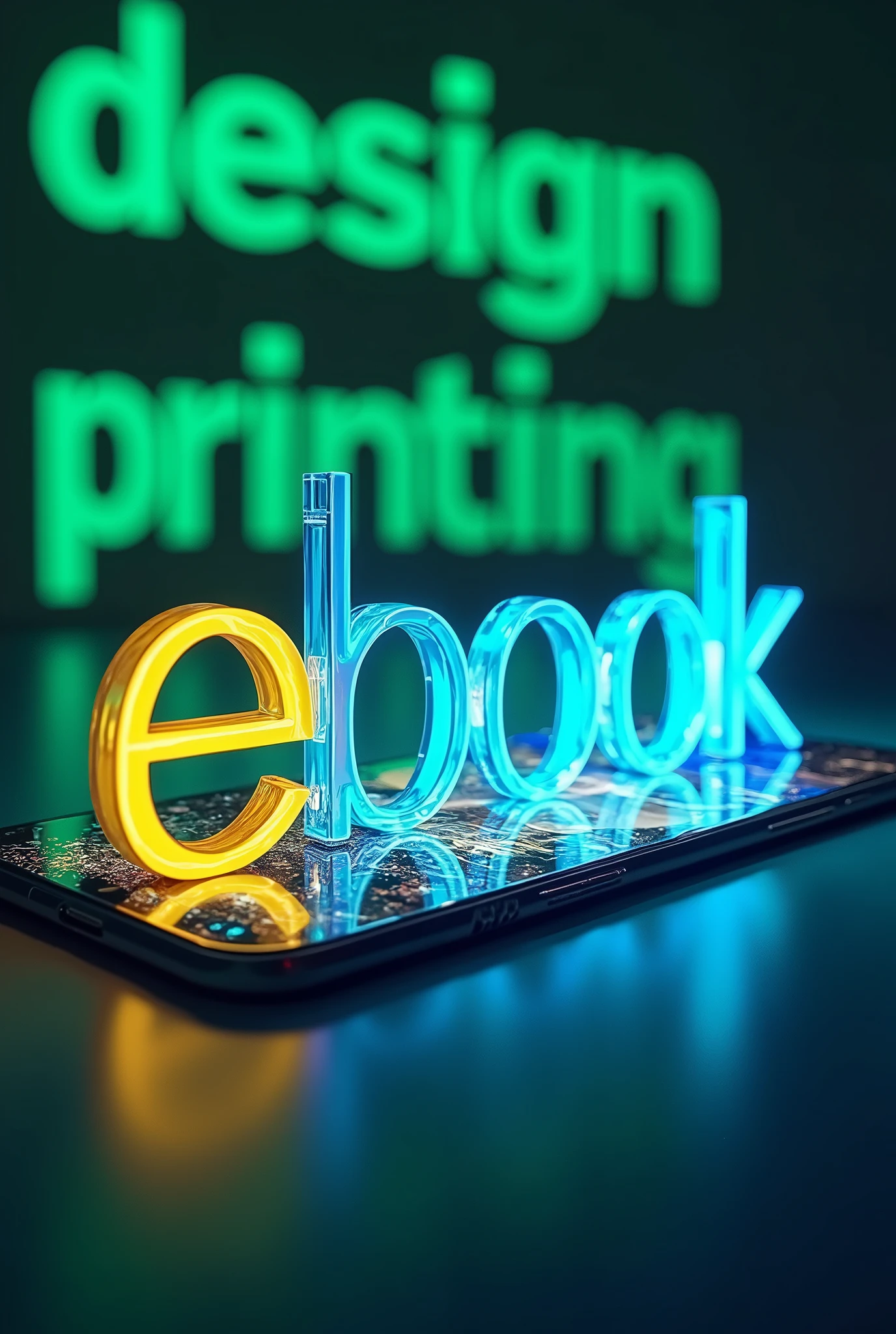 A stunning 4K design featuring the words "Design Printing" in the back row in green colors, and "eBook " in the front in bold blue and yellow colors. The logo is crafted in a futuristic, minimalist style and is being applied to a sleek, high-tech smartphone. The phone's screen displays various colorful textbooks contents. The overall visual is dynamic, with a sense of modernity and innovation.