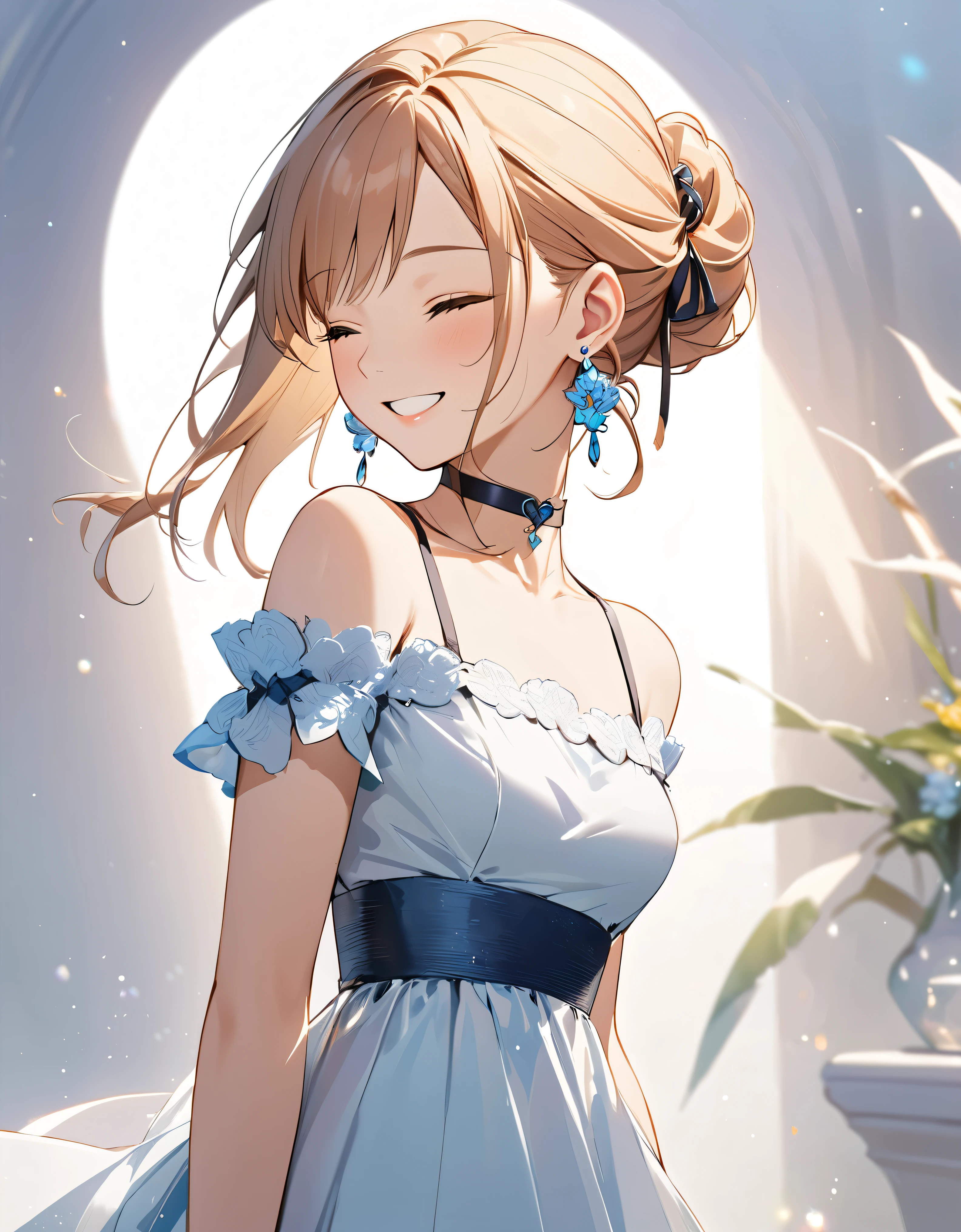 best quality, beautiful, hair tie, 8K, very happy face, close eyes, side body, head tilt look view, slim, dress, earrings, choker, concept