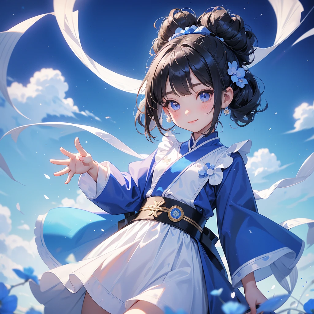 A chibi child girl had a small face and Wearing white little Taoist priest's outfit. A pair of big round eyes shone with curiosity about him. This child was so cute, Strolling among the nemophila fields Glowing blue.

her hair is black with two buns on her hair.small chibi, chibi baby, smiling ,Chibi.

