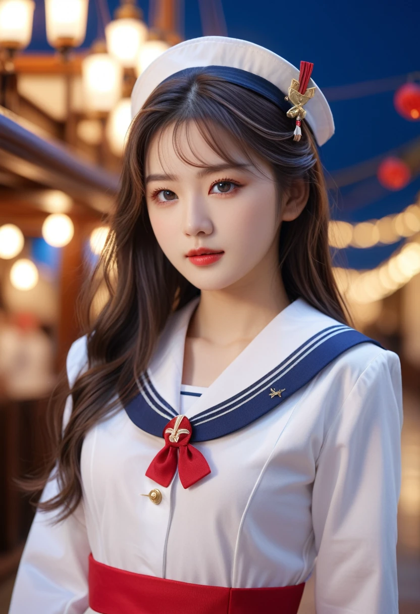Japanese、Sailor suit、No hat、Long Hair、a beautiful young woman, detailed eyes, elegant lips, luscious eyelashes, exquisite skin with realistic sheen and lighting, perfect anatomical features, elaborately decorated outfit, detailed romantic background, 1girl, shallow depth of field, best quality, 4K, 8k, highres, masterpiece, ultra-detailed, realistic, photorealistic, photo-realistic, HDR, uhd, studio lighting, ultra-fine painting, sharp focus, physically-based rendering, extreme detail description, professional, vivid colors, bokeh