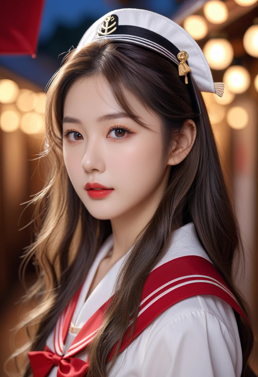Japanese、Sailor suit、No hat、Long Hair、a beautiful young woman, detailed eyes, elegant lips, luscious eyelashes, exquisite skin with realistic sheen and lighting, perfect anatomical features, elaborately decorated outfit, detailed romantic background, 1girl, shallow depth of field, best quality, 4K, 8k, highres, masterpiece, ultra-detailed, realistic, photorealistic, photo-realistic, HDR, uhd, studio lighting, ultra-fine painting, sharp focus, physically-based rendering, extreme detail description, professional, vivid colors, bokeh