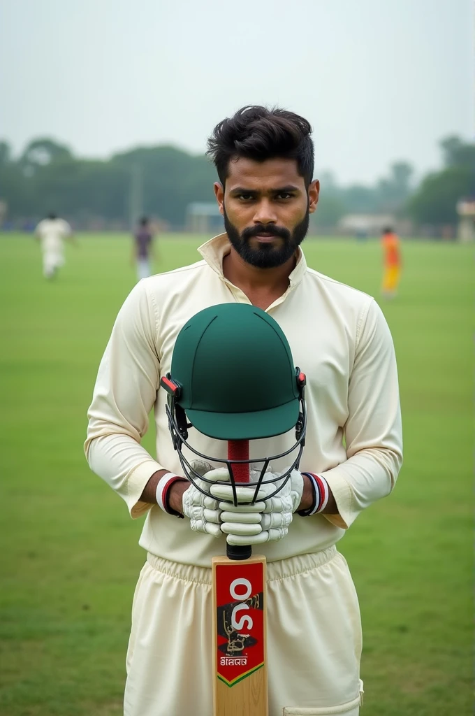Bangladeshi man photography pose on field with bat in hand, helmet