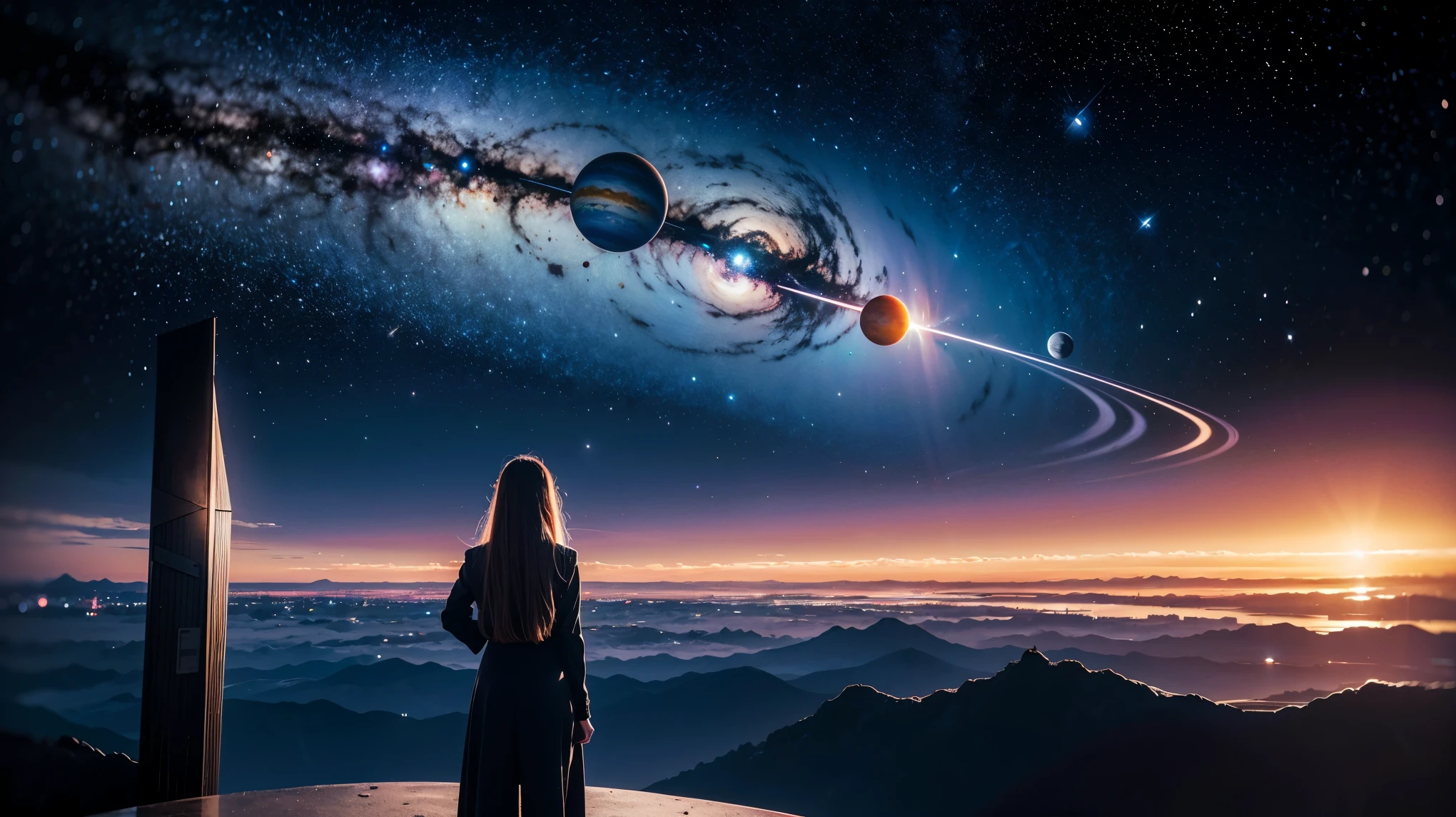 A woman stands in front of a painting of planets, Futuristic city in the background, Psychic Trance Artwork, Interconnected human life, Panoramic view of the girl, progressive rock album covers, An endless dream, Stardust, Milky Way, Stoner Rock --ar 16:9-5th.1