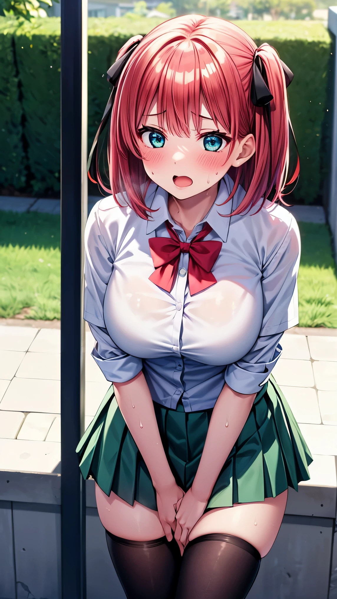 best quality,1girl,((big breasts:1.1)),orgasm,blush,sweat,steam,nino nakano, short hair, bangs, blue eyes, hair ornament, hair ribbon, pink hair, blunt bangs, two side up, butterfly hair ornament,((school uniform, white shirt, green skirt, mini skirt, black thighhighs:1.3)),garden,crotchAngle,head out of frame,lower body,have to pee,covering crotch,(((hand between legs))),knees together feet apart,stand / standing
