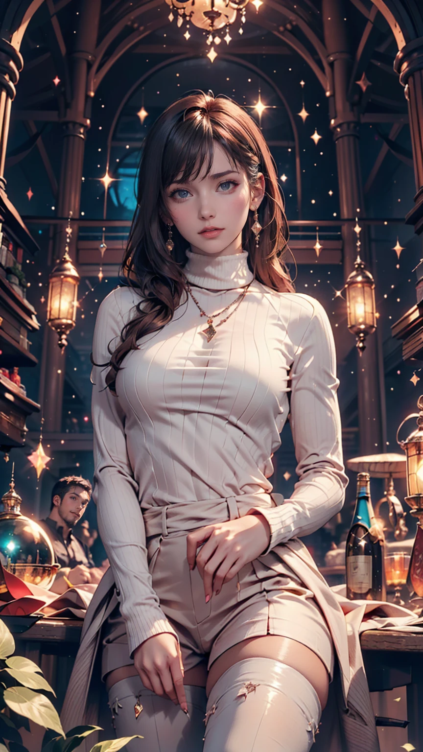 Mysterious atmosphere, Atmospheric, Ethereal quality,Realistic,beautifully、aesthetic,, alone,between legs,Pink turtleneck, Brown pants,(Browsing Caution:0.85),, democracy,, Power plant,, (Sparkling atmosphere, Enchanting Sparkle, Bright lighting, Ethereal atmosphere, Enchanting Sparkle, Exciting colors, Captivating colors, Dramatic lighting, Captivating aura),