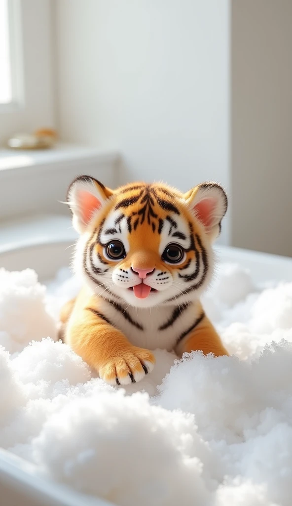 A chubby and cute little tiger baby, Very fat，Big black eyes, Cute and cuddly，Fluffy, Delicate and exquisite, Real little tiger，The expression is very cute and sticking out tongue is very cute，Play with real white foam in the bathroom，Pure white high-end bathroom background