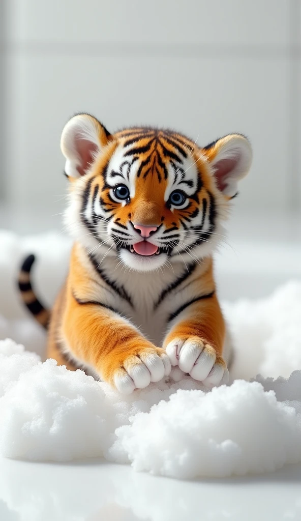 A chubby and cute little tiger baby, Very fat,Big black eyes, Cute and cuddly,Fluffy, Delicate and exquisite, Real little tiger,The expression is very cute and sticking out tongue is very cute,Play with real white foam in the bathroom,Pure white high-end bathroom background