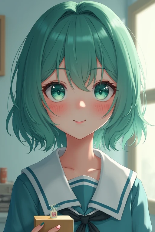 Highest quality, Face Focus, Soft Light, Ultra-high resolution, (Realistic:1.4), RAW Photos, 1 Japan, alone, cute, (A shy smile:0.5), (Turquoise Eyes, Light in your eyes), Teal hair.Beautiful face in every detail, (Small box),(High resolution detail of human skin texture), (Long Hair),,School uniforms,, skirt
