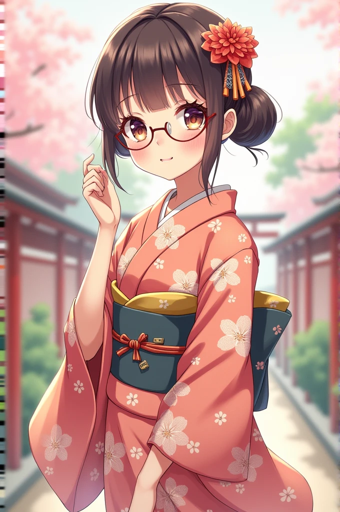 Cute anime girl with glasses in kimono
