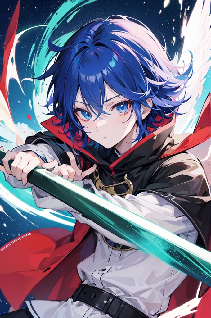 
An anime boy,His eyes are blue, hair is red,One night he is flying in the middle of the sky.Around him, an infinite power was roaring green
