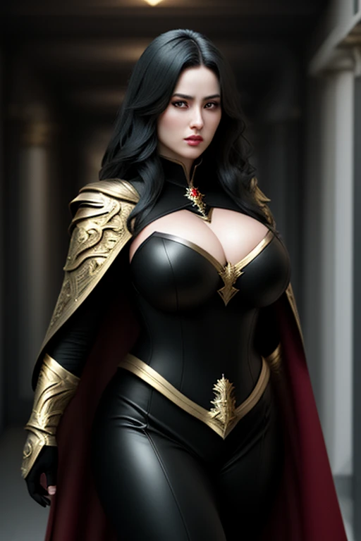 Unreal Engine 5 Realistic Rendering, Excellent, black hair, golden eyes, red group, full armor, royal cape, milf, looking on viewer, Donghua character, cosplayer, walking down hallway of Holy palace, beautiful face, makeup, top body is hyper realistic thicc muscular and hyper largest_breasts!!, lower is huge buttocks, hair, red theme, bokeh, masterpiece, highres, 1080P, UHD