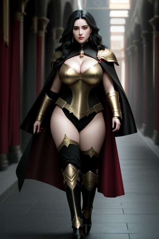 Unreal Engine 5 Realistic Rendering, Excellent, black hair, golden eyes, red group, full armor, royal cape, milf, looking on viewer, Donghua character, cosplayer, walking down hallway of Holy palace, beautiful face, makeup, top body is hyper realistic thicc muscular and hyper largest_breasts!!, lower is huge buttocks, hair, red theme, bokeh, masterpiece, highres, 1080P, UHD