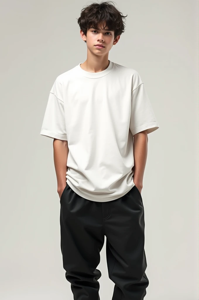 A 15 years old boy with white oversize t shirt and black over pants