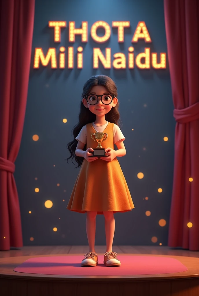 (photorealism:1.2), A girl taking a award on the stage, her name is written on the back ground wall,her name is Thota Mili Naidu, she has where eye glasses.
