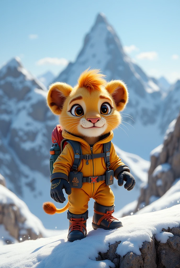 Little lion in mountaineering clothes