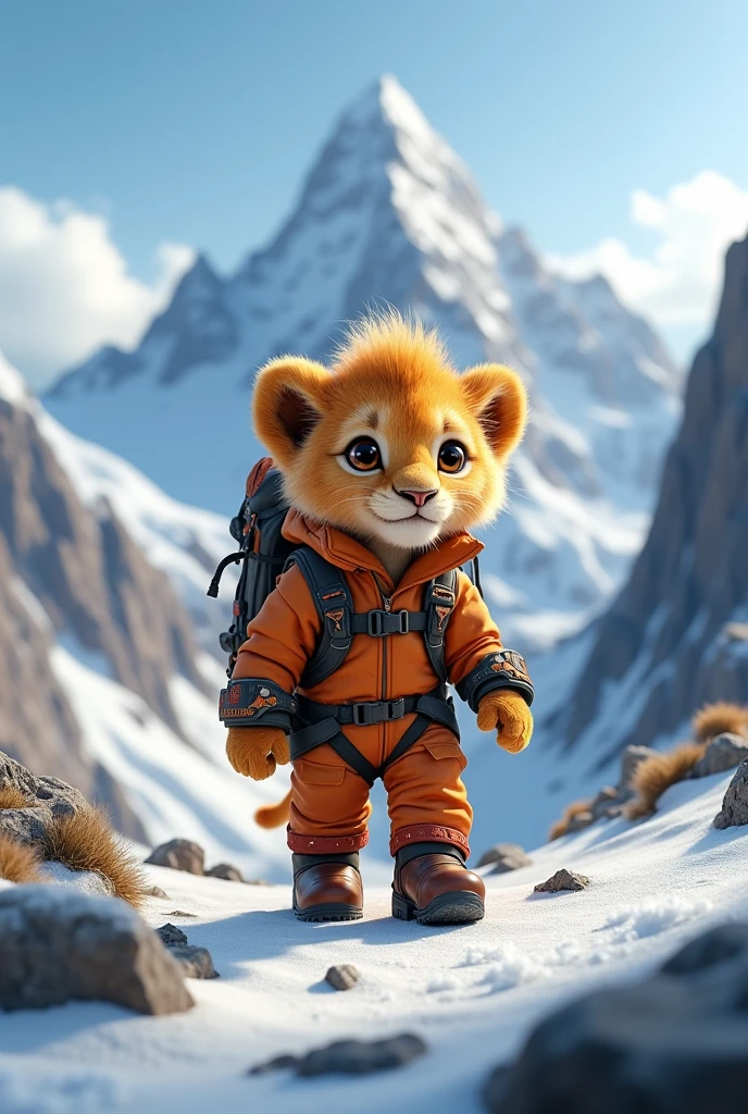 Little lion in mountaineering clothes