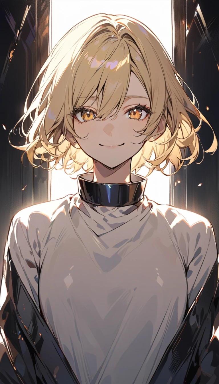 nice, Solitary, short hair, Golden Eyes, Blonde, White, Smiling face, front, Upper Body