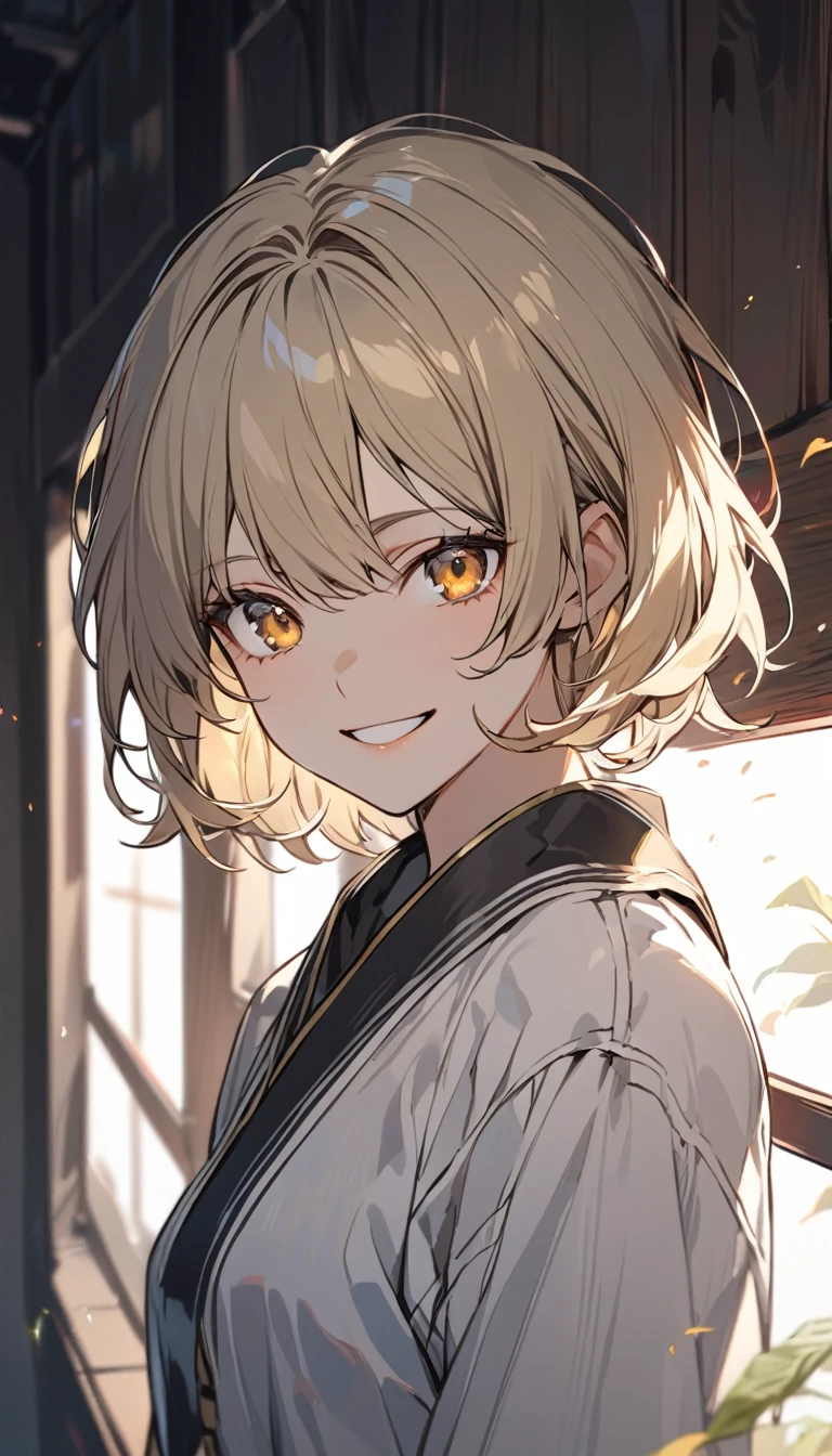nice, Solitary, short hair, Golden Eyes, Blonde, White, Smiling face, front, Upper Body