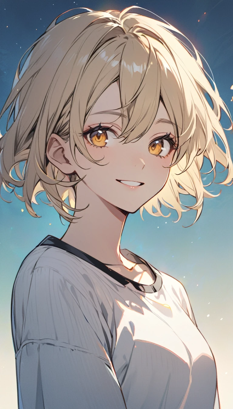 nice, Solitary, short hair, Golden Eyes, Blonde, White, Smiling face, front, Upper Body