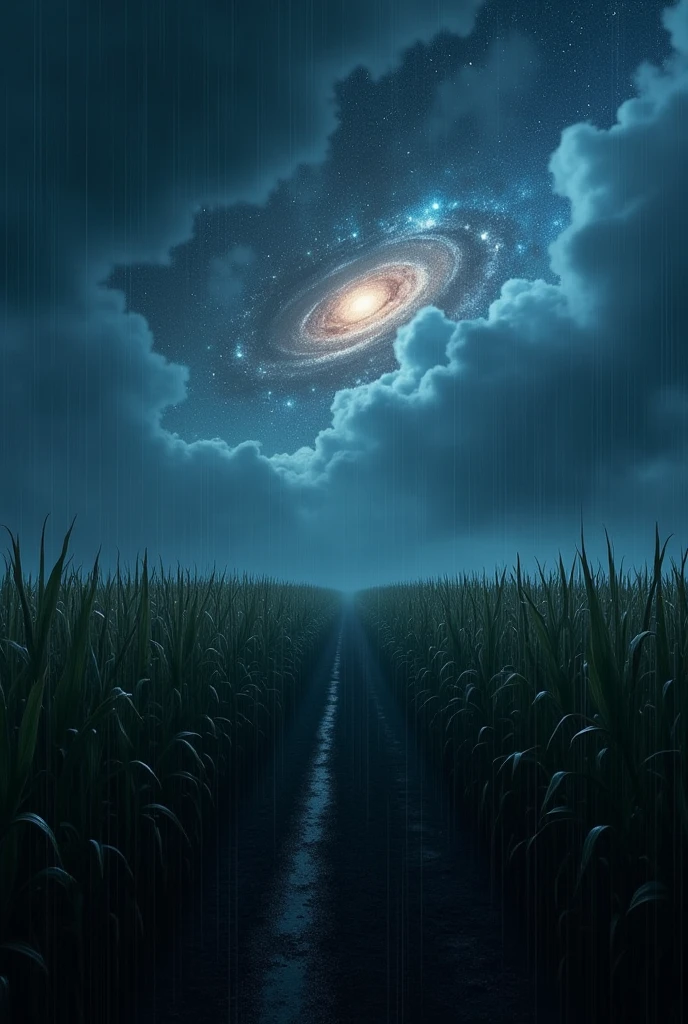 Rainy and stormy night in a cornfield with a galaxy in the sky