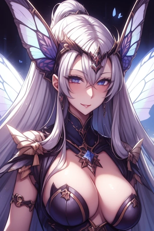 (Ashenhardt style:1.4), Masterpiece, Best quality, High quality, one girl, moth girl, crazy smile, visible canine, big black moth wings, Psychedelic, hight resolution, hightly detailed, ray tracing, butterfly antenna, white hair