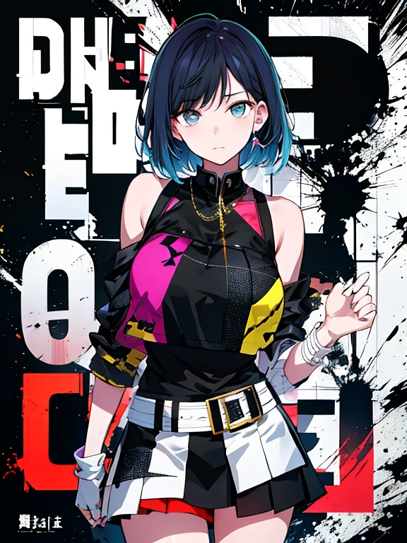 (((dramatic)))、(((Grainy)))、(((intense))))He appears as a central character in the movie poster.。The girl in the center of the poster is shy.、アイドルCostumeを着て、He has a determined look on his face.。backgroundは暗くて粗い、I feel drunk。テキストはBoldで目を引く、Catchy slogans add to the overall drama and excitement。The color palette is dominated by dark colors..、Light colored dots々、Create dynamic and visually impactful posters、Tachi- e(magazine:1.3)、(coverスタイル:1.3)、Fashionable、Vibrant、Costume、Pause、front、colorful、dynamic、background、element、Confident、Expressive、fail、statement、Attachments、Majestic、Coiled、Surroundings、touch、scene、article、cover、Bold、to attract attention、title、Low Fashion、font、Catchy、title、big、to attract attention、Modern、 trend、concentrate、stylish、One Girl(Ahoge、Gray Hair、short hair)、black eye、(White shirt)、(Black Skirt)、(Black Skirt)、standing、白色のbackground、arms on the back