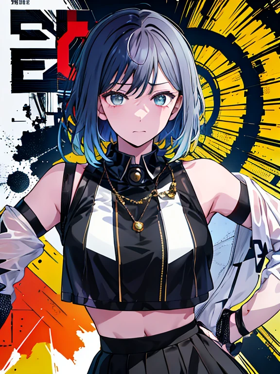 (((dramatic)))、(((Grainy)))、(((intense))))He appears as a central character in the movie poster.。The girl in the center of the poster is shy.、アイドルCostumeを着て、He has a determined look on his face.。backgroundは暗くて粗い、I feel drunk。テキストはBoldで目を引く、Catchy slogans add to the overall drama and excitement。The color palette is dominated by dark colors..、Light colored dots々、Create dynamic and visually impactful posters、Tachi- e(magazine:1.3)、(coverスタイル:1.3)、Fashionable、Vibrant、Costume、Pause、front、colorful、dynamic、background、element、Confident、Expressive、fail、statement、Attachments、Majestic、Coiled、Surroundings、touch、scene、article、cover、Bold、to attract attention、title、Low Fashion、font、Catchy、title、big、to attract attention、Modern、 trend、concentrate、stylish、One Girl（Ahoge、Gray Hair、short hair）、black eye、（White shirt）、（Black Skirt）、（Black Skirt）、standing、白色のbackground、arms on the back