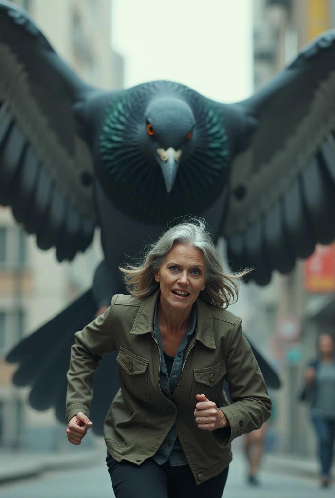 woman, 55 years old, being chased by a giant pigeon behind her back