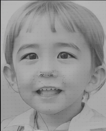 Realistic color photography style、Smiling emphasizes nasolabial folds. Make the chin a little thinner and accentuate the nasolabial folds.、I want it to look more like a color photograph..............。3 year old boy, Xu々To、Clearly visible、Emphasizes deep nasolabial folds from nose to mouth、Generate left and right dimples、Show me your beautiful smile.。Make your eyes look cute with double eyelids.Please make a live-action version。There is a lot of ketchup around the mouth、To-sai Sticking out your lower lip、A 3-year-old making a funny face while looking up。Make them laugh。More more more more、Please create a beautiful nose.。