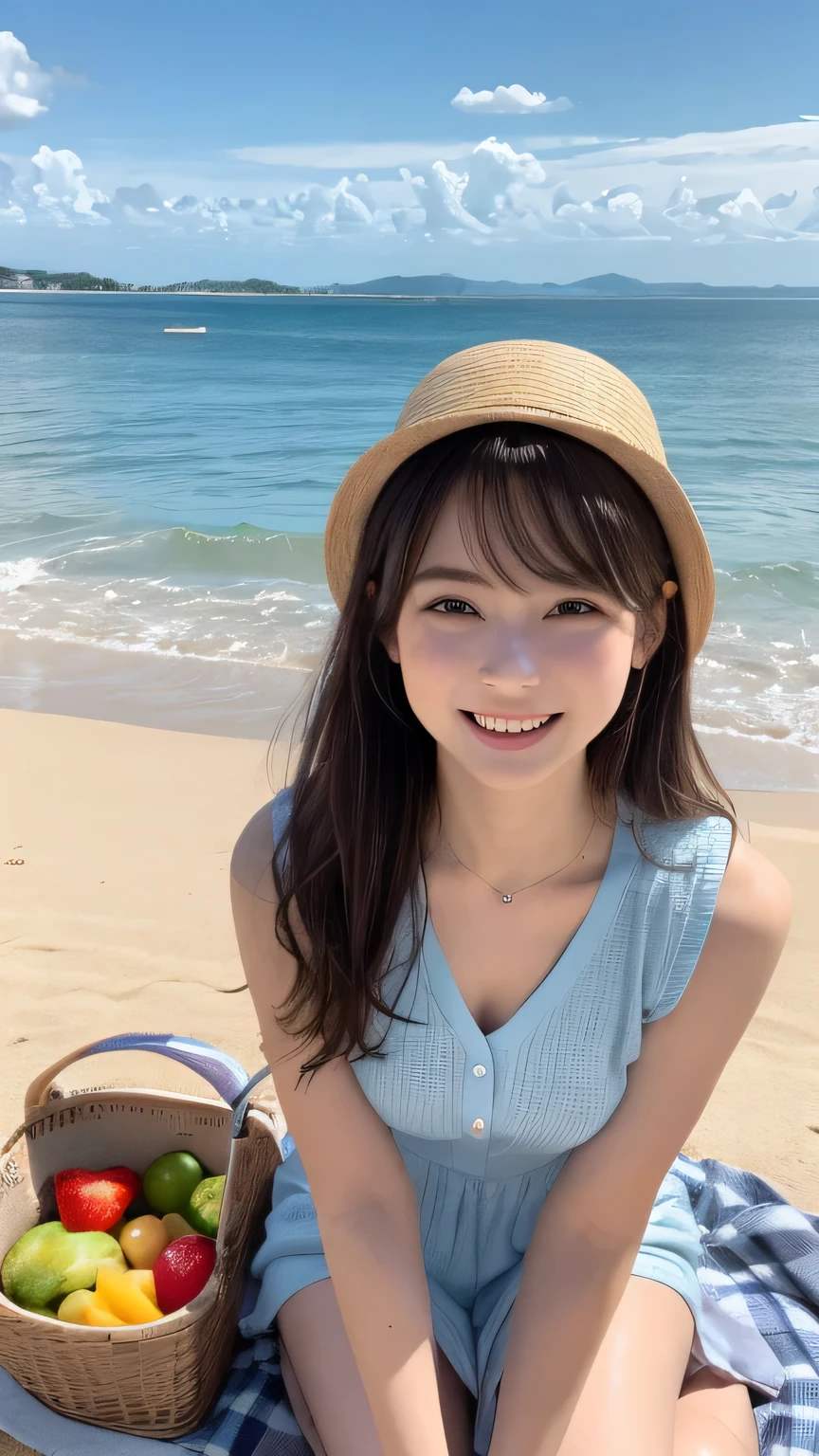 Best image quality (8k, High resolution, masterpiece: 1.2), Very detailed, Random Hairstyles, 26-year-old woman,
Extraordinary beautiful girl、Cute and beautiful face details、(Dealing with the Children_v1:0.008)、
score_9, score_8_upper, score_7_upper,
situation: calm summer day、A scene of a large picnic sheet spread out on a white sandy beach。Friends sharing food with smiles、They are talking happily.。
system: Girl sitting on the seat、Relaxed posture with knees hugged。My friend next to me is offering me some fruit.。
Camera angle: A wide-angle shot from a low position、Capturing the facial expression of a person and the sea in the background。A picnic sheet and food are reflected in the foreground.、You can see the blue ocean spreading out in the distance。
clothing: in a white sleeveless summer dress、Wearing a light pink cardigan、She has a straw hat in her hair。
,Active stop temporarily ,
On her side、The thunder danced。
Focus on the upper waist
, Random cute poses ,Big eyes ,Puffy eyes , Heart pupil, blush , Big shy smile , salute