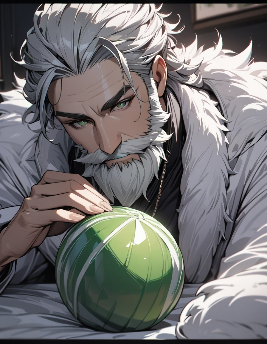 (masterpiece),(absurdres),(ultra detailed),(8k),(beautiful detailed),A fluffy green ball of fur:1.4. Bearded man's face:0.6,Fusion of life、green hair covering one eye,peace sign,Paws like birds,mechanical hands,long shot,