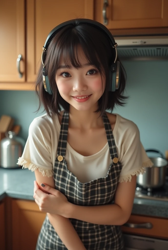 ((Highest quality)), ((masterpiece)), (detailed), One person, sexy、A masterpiece of idol cuteness! An active housewife, only 18 years old, stands in her kitchen cooking in headphones and an apron. Dynamic lighting frames her round face, highlighting her narrow eyes and perfect features. Adult short cut, the camera zooms in on her plump cheeks and large breasts, and a frayed shirt accentuates her cleavage. Her very short plaid skirt hugs her thighs and her best smile is captured from a prone angle, showing off her realistic body and fine details. The subject, kneeling comfortably with her arms wrapped around her chest, is naturally attractive without makeup, making this an elaborate and professional piece of work.